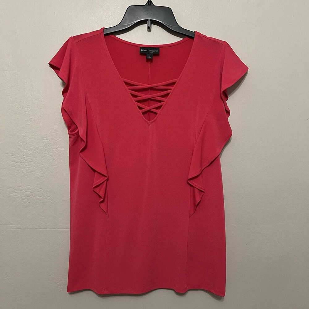 Bold Elements Pink Ruffle Crisscross V Neck Feminine Romantic Blouse Large